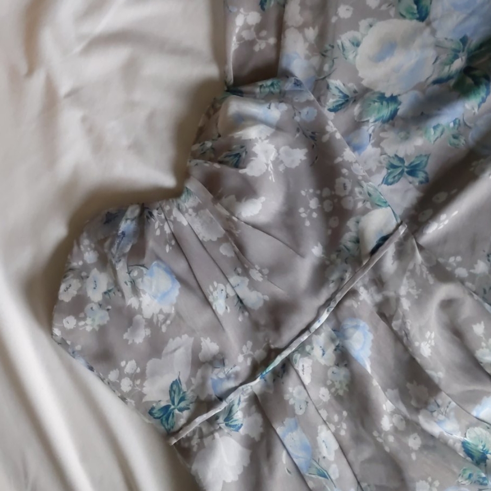 Gray blue floral strapless bridesmaids dress